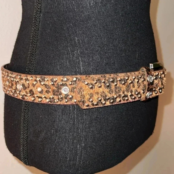 Women’s Animal Print Vegan Leather Belt Silver Buckle Rhinestone Stones Studs - Picture 7 of 16